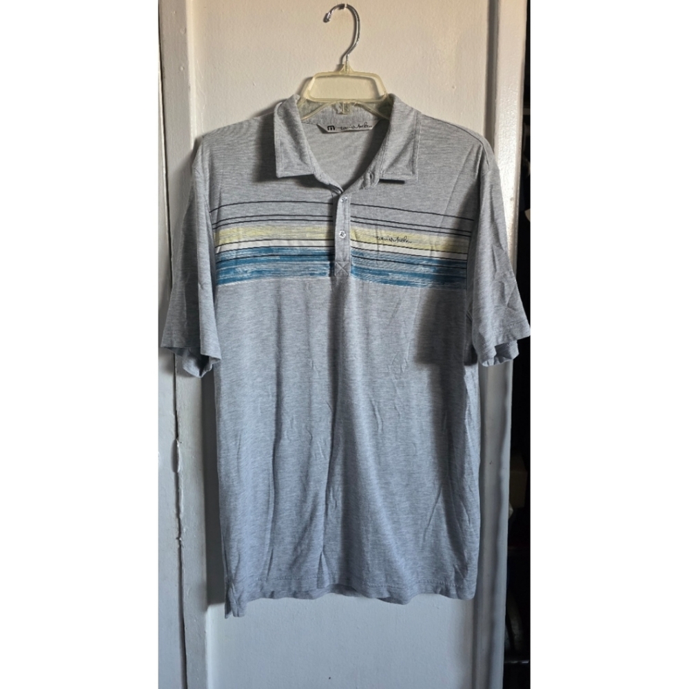 Travis Mathew Heather Gray Polo with Blue and Yellow Accents